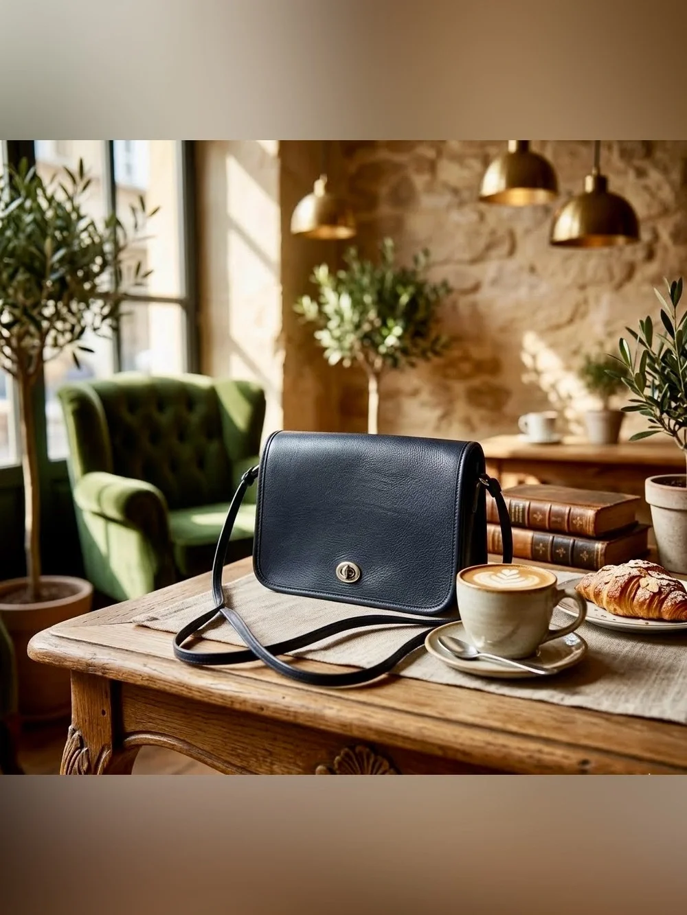 Vintage Style Black Leather Turnlock Crossbody Bag